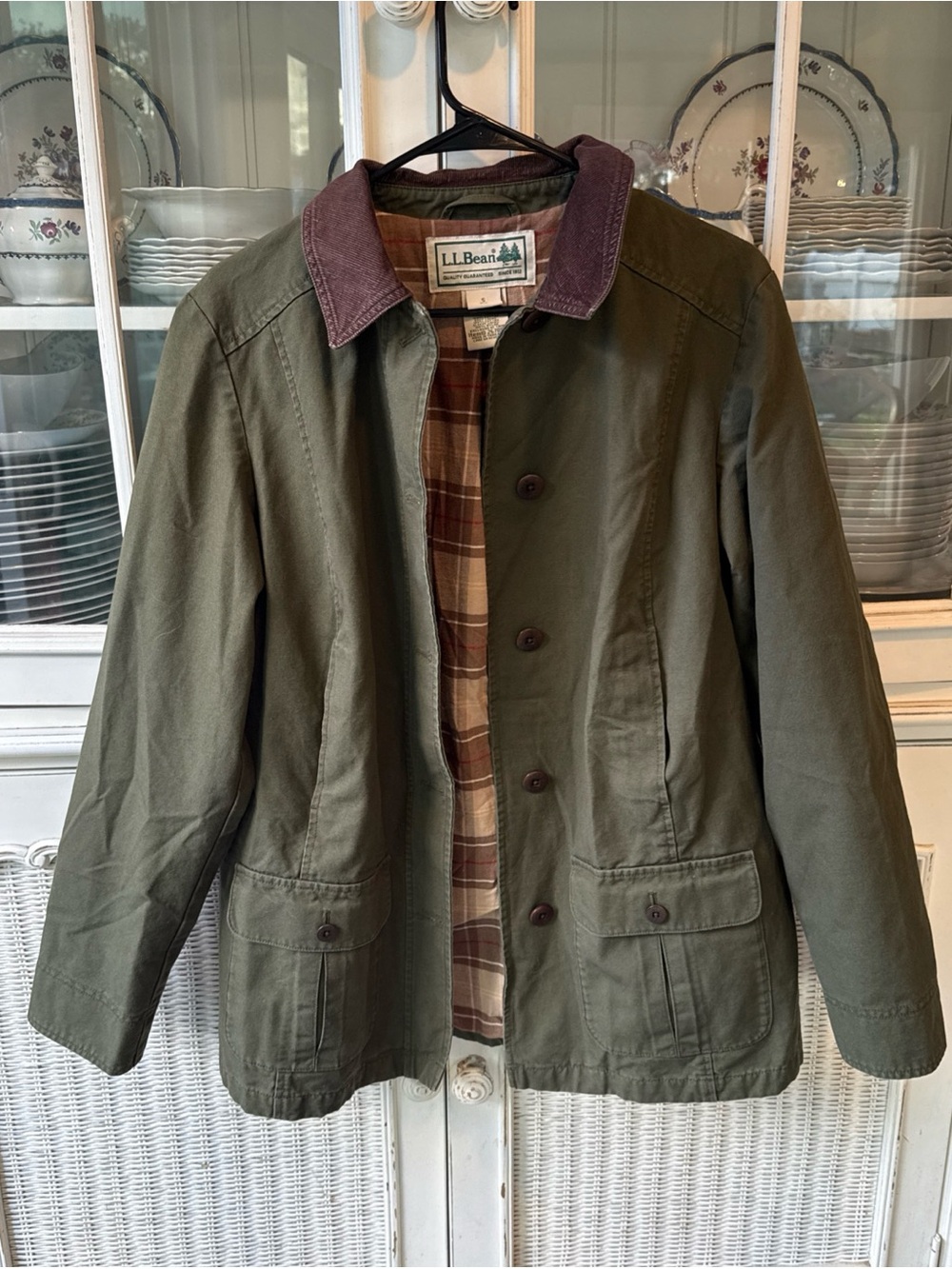 LL Bean Adirondack Barn Coat Chore Jacket Green Flannel Lined Loden Size Small